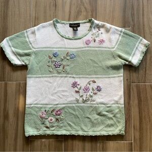 VTG Cottagecore Pastel Green Beige Embroidered Floral Knit Sweater Ramie Top Lrg